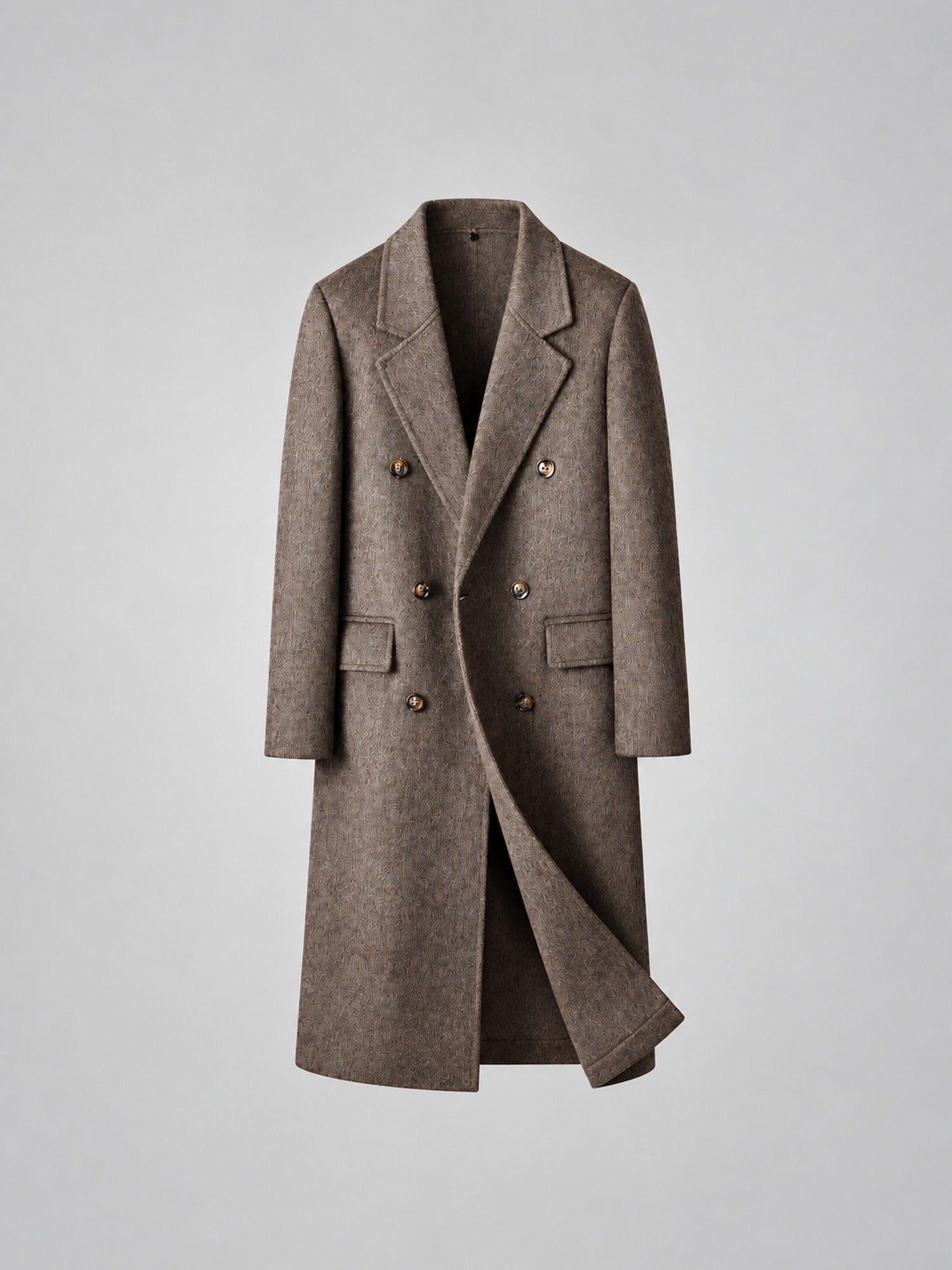 70% Wool Herringbone Double-Breasted Overcoat – Men – Brown – front
